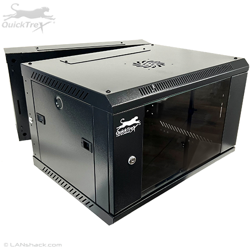 QuickTreX Hinged Swing-Out Wall Mount 6U Network / Server Cabinet with Strengthened Glass Door - 19 Inch Wide and 15 Inch Depth - 10-32 Tapped and M6 Cage Nut Rails