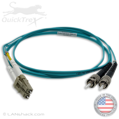 LC to ST Plenum Rated Multimode 10/40/100 GIG OM4 50/125 Premium Custom Duplex Fiber Optic Patch Cable with Corning® Glass - Made in the USA by QuickTreX®