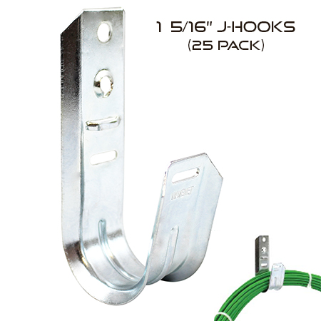 1 - 5/16 Inch Universal Galvanized Steel J-Hooks for Cable Support & Wire Management - 25 Pack