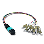 Stock 13.80 Inch (35 cm) 12 Fiber 1 X 12 MPO Male to 12 X LC Simplex Multimode 10/40/100 GIG OM4 50/125 OFNR Riser Rated Fiber Optic Fanout Cable Assembly - Method A Straight Through - 0.09mm Furcation