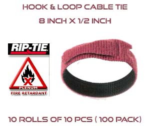 8 Inch by 1/2" wide Rip-Tie Lite Fire Retardant Cable Ties - 10 Rolls of 10 Pieces