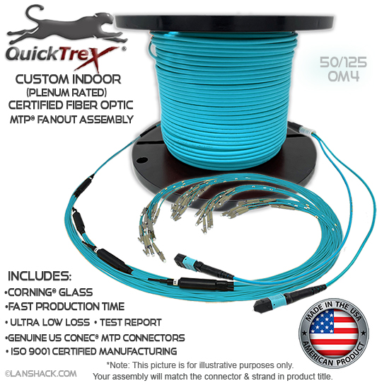 Custom Indoor 24 Fiber MTP® OM4 - 50/125 Fanout Assembly (1 x 24 MTP to 24 Simplex Connectors) - Plenum Rated - made in USA by QuickTreX® with Genuine US Conec® Connectors and Corning® Glass