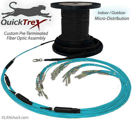 72 Strand Indoor/Outdoor Multimode 10/40/100 GIG OM4 50/125 Pre-Terminated Fiber Optic Micro-Distribution Cable Assembly with Corning® Glass - Made in the USA by QuickTreX®