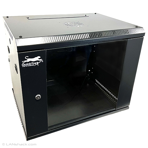 QuickTreX Fixed Wall Mount 9U Network / Server Cabinet with Strengthened Glass Door - 19 Inch Wide and 17 Inch Depth - 10-32 Tapped and M6 Cage Nut Rails