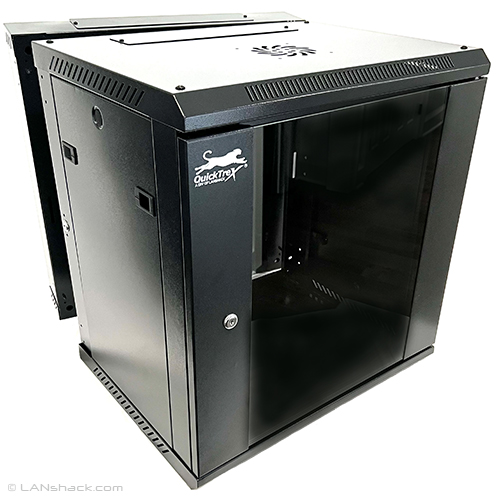 QuickTreX Hinged Swing-Out Wall Mount 12U Network / Server Cabinet with Strengthened Glass Door - 19 Inch Wide and 15 Inch Depth - 10-32 Tapped and M6 Cage Nut Rails
