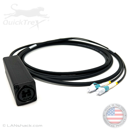 2 Fiber Broadcast Tactical Multimode OM3 50/125 Neutrik OpticalCon Duo Breakout Box Cable Assembly with Waterproof Female IP65 Rated Inline Duo Coupler to 2 Simplex Connectors  - Made in the USA by QuickTreX®