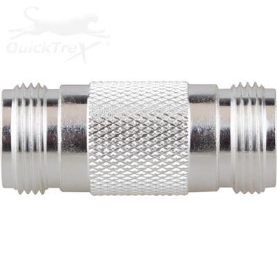 N Female-N Female Barrel Adapter by QuickTreX - Silver Body Plating, Gold Contact Plating, Teflon Dielectric
