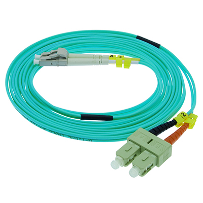 Stock 5 meter LC to SC 50/125 OM4, 10/40/100 GIG Multimode Duplex Patch Cable - Aqua