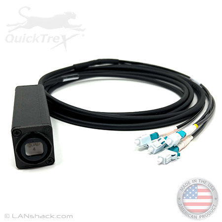 4 Fiber Broadcast Tactical Multimode OM3 50/125 Neutrik OpticalCon Quad Breakout Box Cable Assembly with Waterproof Female IP65 Rated Inline Quad Coupler to 4 Simplex Connectors  - Made in the USA by QuickTreX®