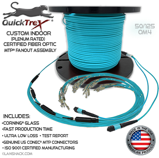 Custom Indoor 48 Fiber MTP® OM4 - 50/125 Fanout Assembly (2 x 24 MTP to 48 Simplex Connectors) - Plenum Rated - made in USA by QuickTreX® with Genuine US Conec® Connectors and Corning® Glass