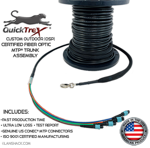 Custom Pre-Terminated Outdoor Loose Tube (OSP) MTP® OM3 50/125 48 Fiber (4 x 12) Trunk Assembly - Made in USA by QuickTreX® with Genuine US Conec® Connectors