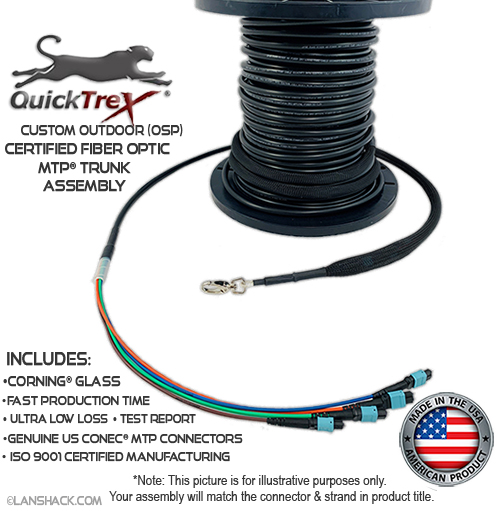 Custom Pre-Terminated Corning ALTOS® Outdoor Loose Tube (OSP) MTP® OM3 50/125 24 Fiber (2 x 12)Trunk Assembly - Made in USA by QuickTreX® with Genuine US Conec® Connectors and Corning® Glass