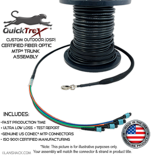 Custom Pre-Terminated Outdoor Loose Tube (OSP) MTP® OM4 50/125 12 Fiber (1 x 12) Trunk Assembly - Made in USA by QuickTreX® with Genuine US Conec® Connectors and COMMSCOPE® Fiber