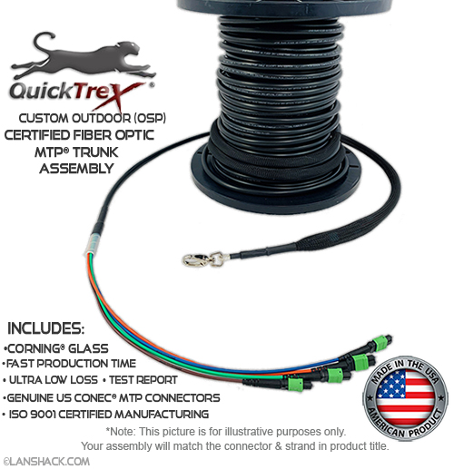 Custom Pre-Terminated Corning ALTOS® Outdoor Loose Tube (OSP) MTP® Singlemode 12 Fiber (1 x 12) APC Trunk Assembly - Made in USA by QuickTreX® with Genuine US Conec® Connectors and Corning® Glass