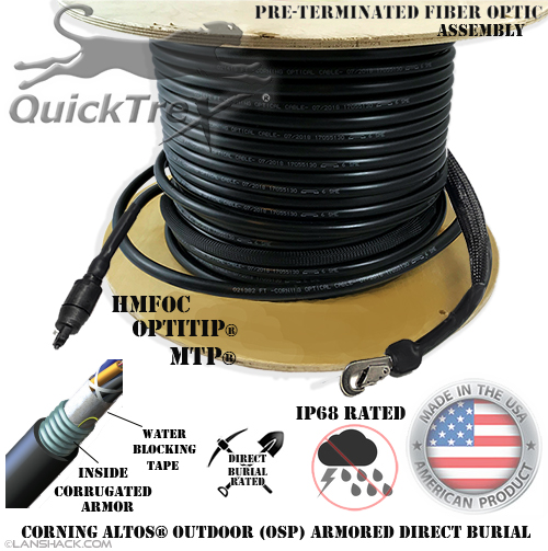 Weatherproof IP68 Connectorized HMFOC OptiTip® Singlemode APC 12 Fiber Corning ALTOS® Outdoor (OSP) Armored Direct Burial MTP Cable Assembly - custom made in USA by QuickTreX®