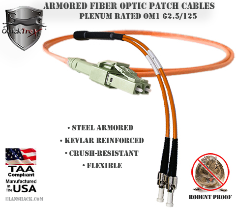 LC Uniboot to ST Stainless Steel Armored Fiber Optic Patch Cable (Plenum Rated) 62.5/125 OM1 - Multimode - USA CustomLine by QuickTreX®