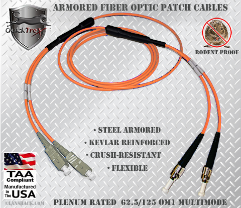 SC to ST Stainless Steel Armored Fiber Optic Patch Cable (Plenum Rated) 62.5/125 OM1 - Multimode - USA CustomLine by QuickTreX®