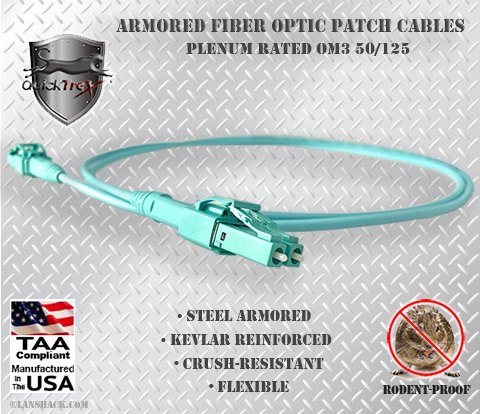 LC Uniboot to LC Uniboot Stainless Steel Armored Fiber Optic Patch Cable (Plenum Rated) 50/125 OM3 - 10 GIG Multimode - USA CustomLine by QuickTreX®