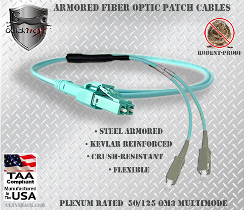 LC Uniboot to SC Stainless Steel Armored Fiber Optic Patch Cable (Plenum Rated) 50/125 OM3 - 10 GIG Multimode - USA CustomLine by QuickTreX®