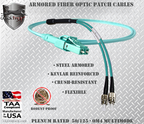 LC Uniboot to ST Stainless Steel Armored Fiber Optic Patch Cable (Plenum Rated) 50/125 OM4 - 10/40/100 GIG Multimode - USA CustomLine by QuickTreX®