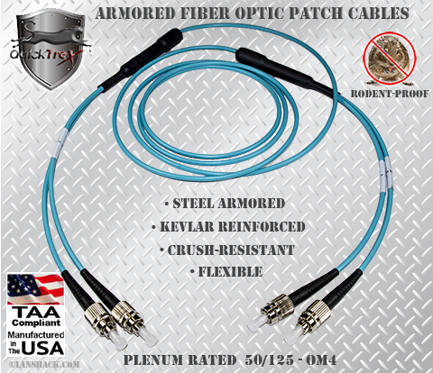 FC to FC Stainless Steel Armored Fiber Optic Patch Cable (Plenum Rated) 50/125 OM4 - 10/40/100 GIG Multimode - USA CustomLine by QuickTreX®