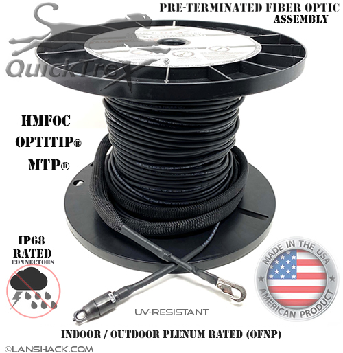 Weatherproof IP68 Connectorized HMFOC OptiTip® Singlemode APC 12 Fiber Indoor/Outdoor Plenum Rated (OFNP) MTP Cable Assembly - custom made in USA by QuickTreX®