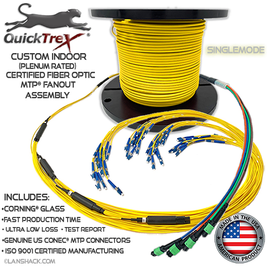 Custom Indoor 24 Fiber MTP® Singlemode APC Fanout Assembly (2 x 12 MTP to 24 Simplex Connectors) - Plenum Rated - made in USA by QuickTreX® with Genuine US Conec® Connectors and Corning® Glass