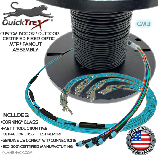 Custom Indoor / Outdoor 24 Fiber MTP® OM3 - 50/125 Fanout Assembly (2 x 12 MTP to 24 Simplex Connectors) - Made in USA by QuickTreX® with Genuine US Conec® Connectors and Corning® Glass