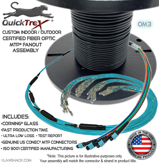 Custom Indoor / Outdoor 96 Fiber MTP® OM4 - 50/125 Fanout Assembly (8 x 12 MTP to 96 Simplex Connectors) - Made in USA by QuickTreX® with Genuine US Conec® Connectors and Corning® Glass