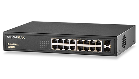 16 Port Gigabit PoE+ Unmanaged Network Switch with 2 Gigabit SFP Ports - 100 Series by Signamax
