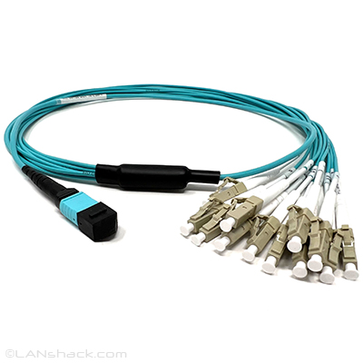 Stock 1 Meter 12 Fiber 1 X 12 MPO Female to 12 X LC Simplex Multimode 10/40/100 GIG OM4 50/125 OFNP Plenum Rated Fiber Optic Fanout Cable Assembly - Method A Straight Through