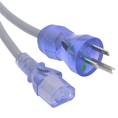 15 Ft Grey SJT Jacketed Hospital Grade Power Cord with Clear Blue NEMA 5-15P Male to IEC320 C13 Female Connectors and 18/3 AWG Conductors - RoHS Compliant and UL Listed