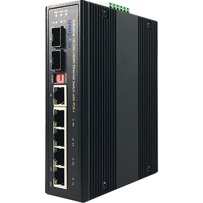 6 Port Gigabit Industrial PoE Booster with 5 x RJ45 10/100/1000BaseTX, 4 x Gigabit 30W PSE, and 2 x SFP 100/100M BaseX by Unicom