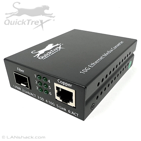 QuickTreX 10 Gigabit SFP+ LC to RJ45 Fiber Optic to Ethernet Media Converter - Singlemode or Multimode Compatible