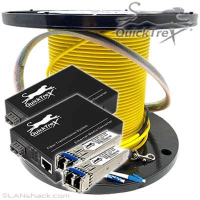 QuickTreX Network Extension Kit with 500FT 2 Strand Singlemode Indooor/Outdoor Pre-Terminated Fiber Optic Cable Assembly with Corning Glass, 2 Gigabit Media Converters, and 2 Gigabit SFP Modules