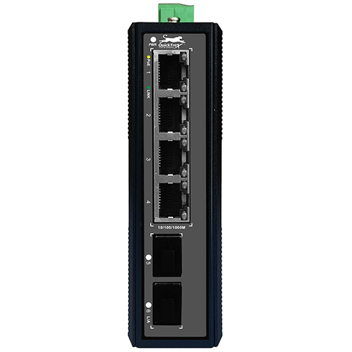 QuickTreX 6 Port Unmanaged Industrial Hardened Gigabit PoE+ Switch with 4 x GIG PoE+ RJ45 30/15.4W Ports and 2 x SFP GIG Ports - IP40, Din Rail Mount, RoHS Compliant