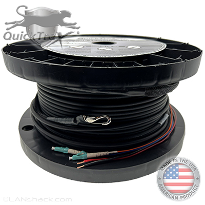 2 Strand Outdoor (OSP) Direct Burial Rated Ultra Thin Micro Armored Multimode 10/40/100 GIG OM4 50/12 Pre-Terminated Hybrid Power + Fiber Optic Cable Assembly with Corning® Glass and 2 x 18 AWG Power Wires - Made in the USA by QuickTreX®