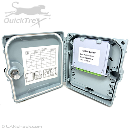 1 Panel Fiber Indoor / Outdoor IP65 Rated Wall Mount Fiber Optic PLC Splitter Cassette / Splice Enclosure with Splice Sleeves, 12 Fiber Splice Tray, Split Gromet Entry/Exit Ports, and Mounting Hardware by QuickTreX®