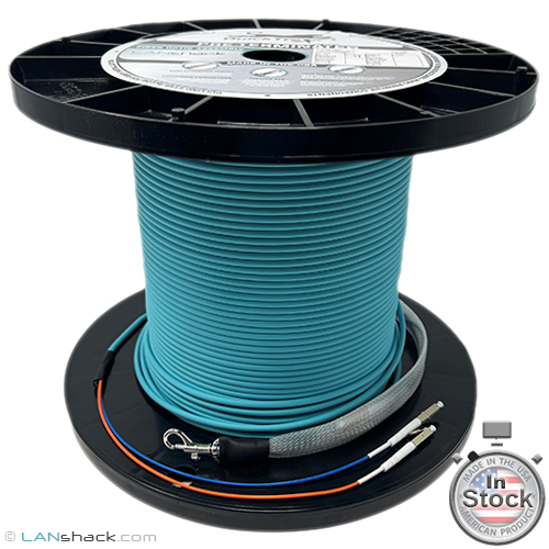 Stock 2 Strand Indoor/Outdoor Plenum Rated Multimode 10/40/100 GIG OM4 50/125 Pre-Terminated Fiber Optic Cable Assembly with Corning® Glass, LC Connectors, and Pulling Eyes - 500FT - Made in the USA by QuickTreX®