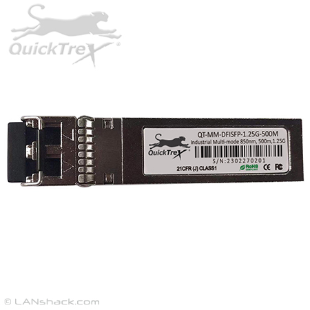 QuickTreX 1.25 Gigabit Multimode LC Duplex SFP Fiber Optic Transceiver - Hot Pluggable and Cisco Industrial Compatible - 500 m at 850 nm - Extreme Temp and Humidity Resistant