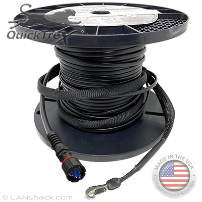 4 Fiber IP68 Rated Corning Flat Drop Self Supporting Outdoor (OSP) Gel-Filled Singlemode Preconnectorized Fiber Optic Cable Assembly with Weatherproof Senko Connectors - Made in USA by QuickTreX®