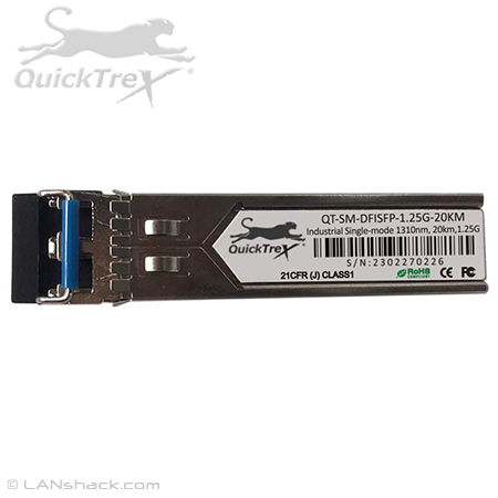 QuickTreX Industrial 1.25 Gigabit Singlemode LC Duplex SFP Fiber Optic Transceiver - Hot Pluggable and Cisco Industrial Compatible - 20 km at 1310nm - Extreme Temp and Humidity Resistant