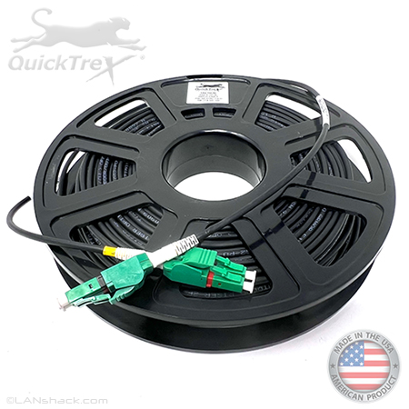 Stock 100 Ft Tactical Indoor/Outdoor Armored Singlemode 9/125 Duplex Fiber Optic Patch Cable w/ LC APC (Angle Polish) Uniboot Connectors, Corning® Glass, Mini Cable Reel, and Ultra Flexible Jacket - Made in the USA by QuickTreX®