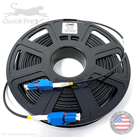 Stock 100 Ft Tactical Indoor/Outdoor Armored Singlemode 9/125 Duplex Fiber Optic Patch Cable w/ LC UPC Uniboot Connectors, Corning® Glass, Mini Cable Reel, and Ultra Flexible Jacket - Made in the USA by QuickTreX®