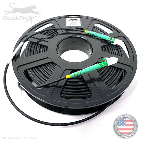 Stock 100 Ft Tactical Indoor/Outdoor Armored Singlemode 9/125 Simplex Fiber Optic Patch Cable w/ LC APC Connectors, Corning® Glass, Mini Cable Reel, and Ultra Flexible Jacket - Made in the USA by QuickTreX®