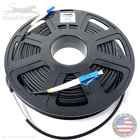 Stock 100 Ft Tactical Indoor/Outdoor Armored Singlemode 9/125 Simplex Fiber Optic Patch Cable w/ LC UPC Connectors, Corning® Glass, Mini Cable Reel, and Ultra Flexible Jacket - Made in the USA by QuickTreX®