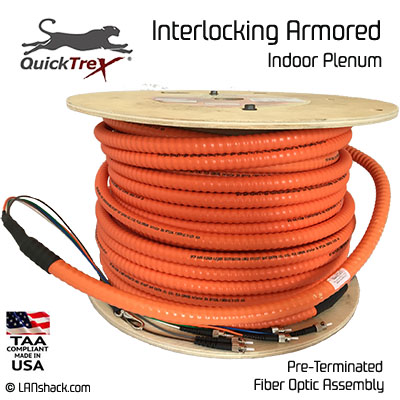 24 Strand Indoor Plenum Rated Interlocking Armored Multimode OM1 62.5/125 Custom Pre-Terminated Fiber Optic Cable Assembly - Made in the USA by QuickTreX®