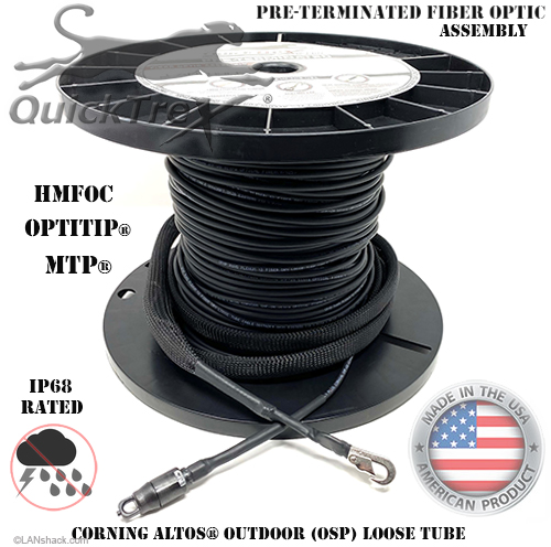 Weatherproof IP68 Connectorized HMFOC OptiTip® Singlemode APC 12 Fiber Corning ALTOS® Outdoor (OSP) Loose Tube MTP Cable Assembly - custom made in USA by QuickTreX®