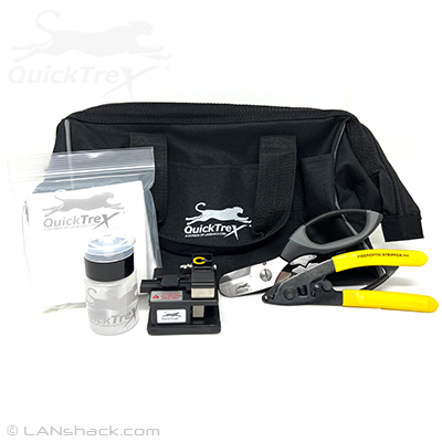 QuickTreX Fiber Optic Emergency Repair Kit for Installing Temporary Fiber Optic Quick Connectors with Fiber Optic Stripper, Kevlar Scissors, Cleaver, Cleaning Fluid, Lint Free Wipes, and Tool Bag