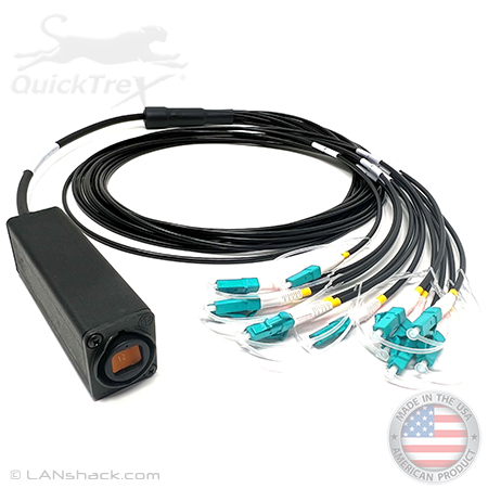 12 Fiber Broadcast Tactical Multimode OM3 50/125 Neutrik OpticalCon MTP Breakout Box Cable Assembly with Waterproof Female IP65 Rated Inline MTP Coupler to 12 Simplex Connectors  - Made in the USA by QuickTreX®